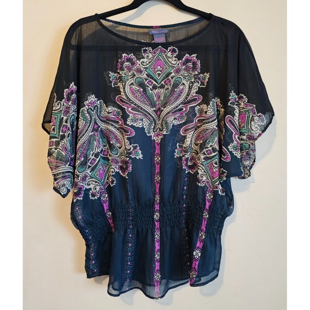 Fire Los Angeles Top Size L- Black & Pink Floral Sheer Long Sleeve Blouse